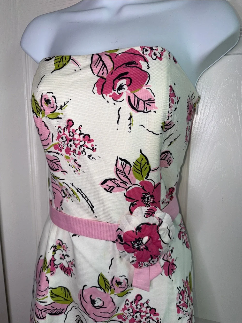 VINTAGE LOFT Cream Pink Green Floral Strapless Fit & Flare Dress Silk Cotton 4
